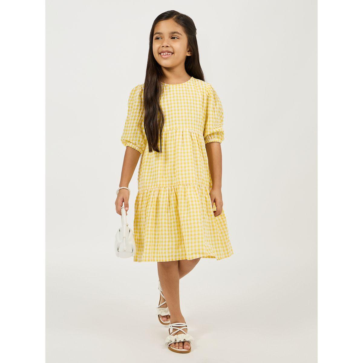 Styli Checked A-Line Tiered Dress with Puff Sleeve-girls-clothing-dressesandjumpsuits-image-1