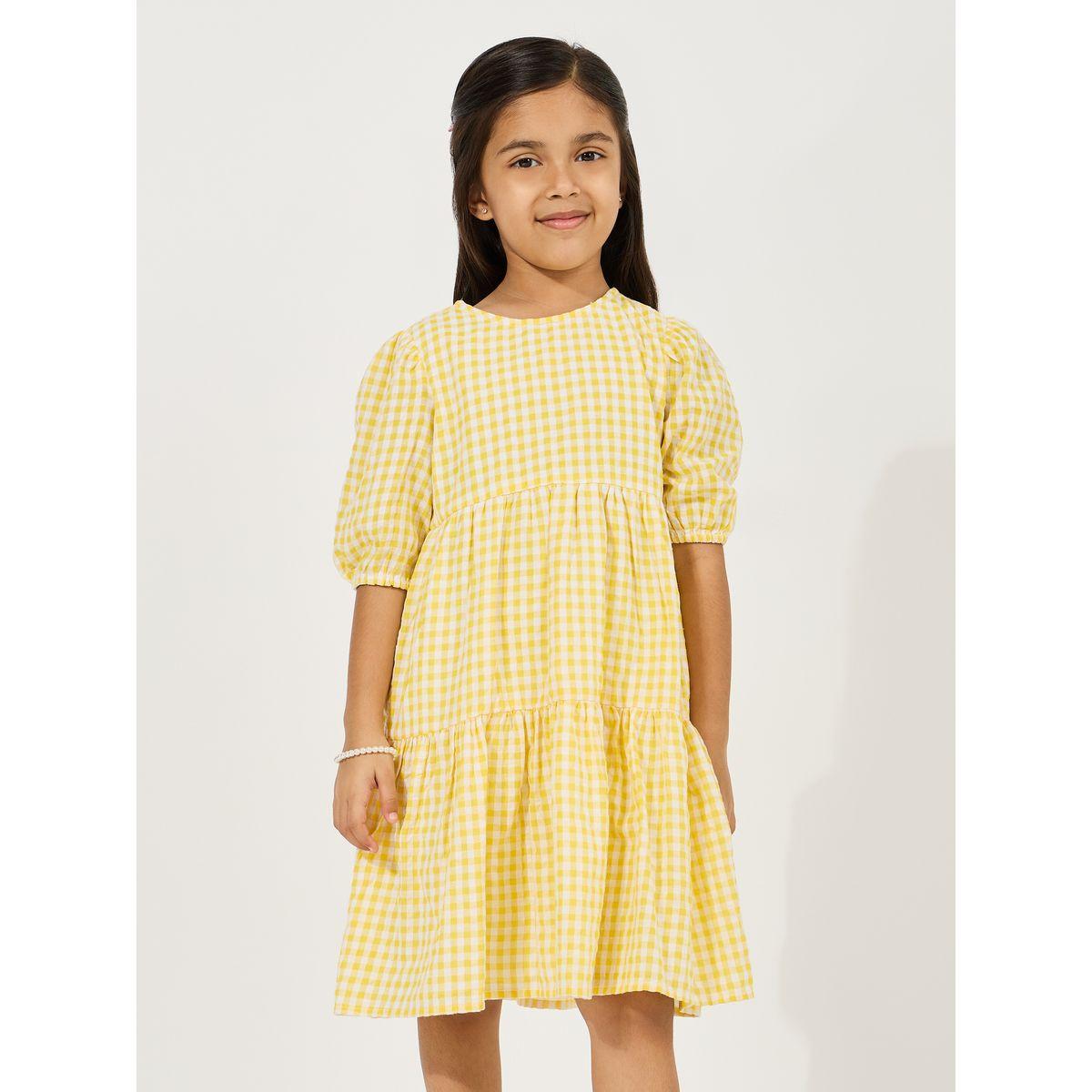 Styli Checked A-Line Tiered Dress with Puff Sleeve-girls-clothing-dressesandjumpsuits-image-2