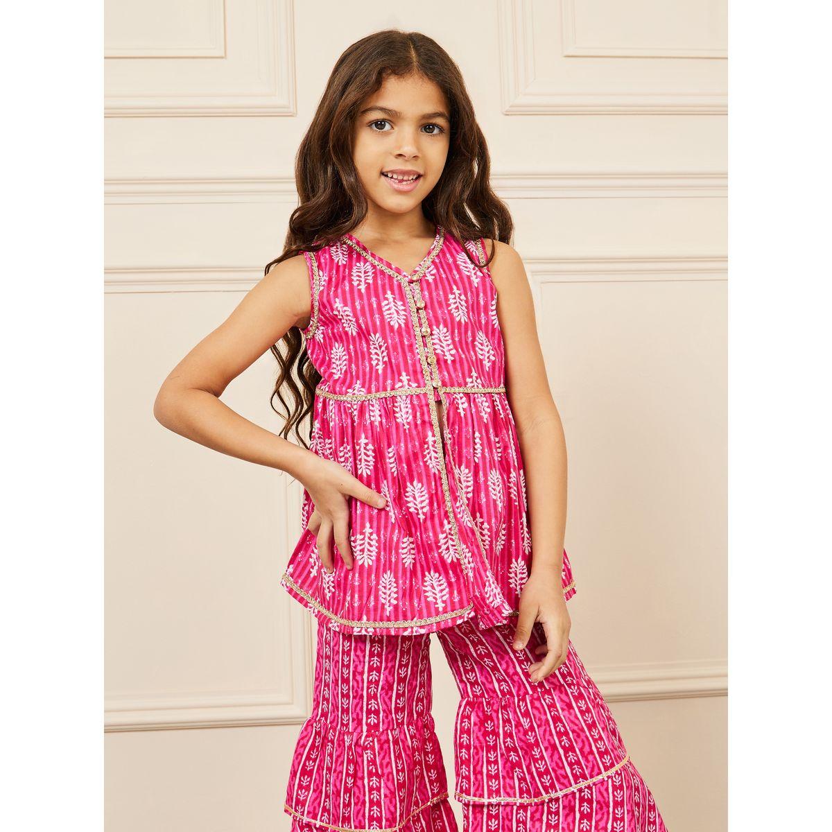 Styli Lace Trim Detail Printed Front Slit Top and Ruffle Flared Pants Set-girls-clothing-setsandcoords-image-2