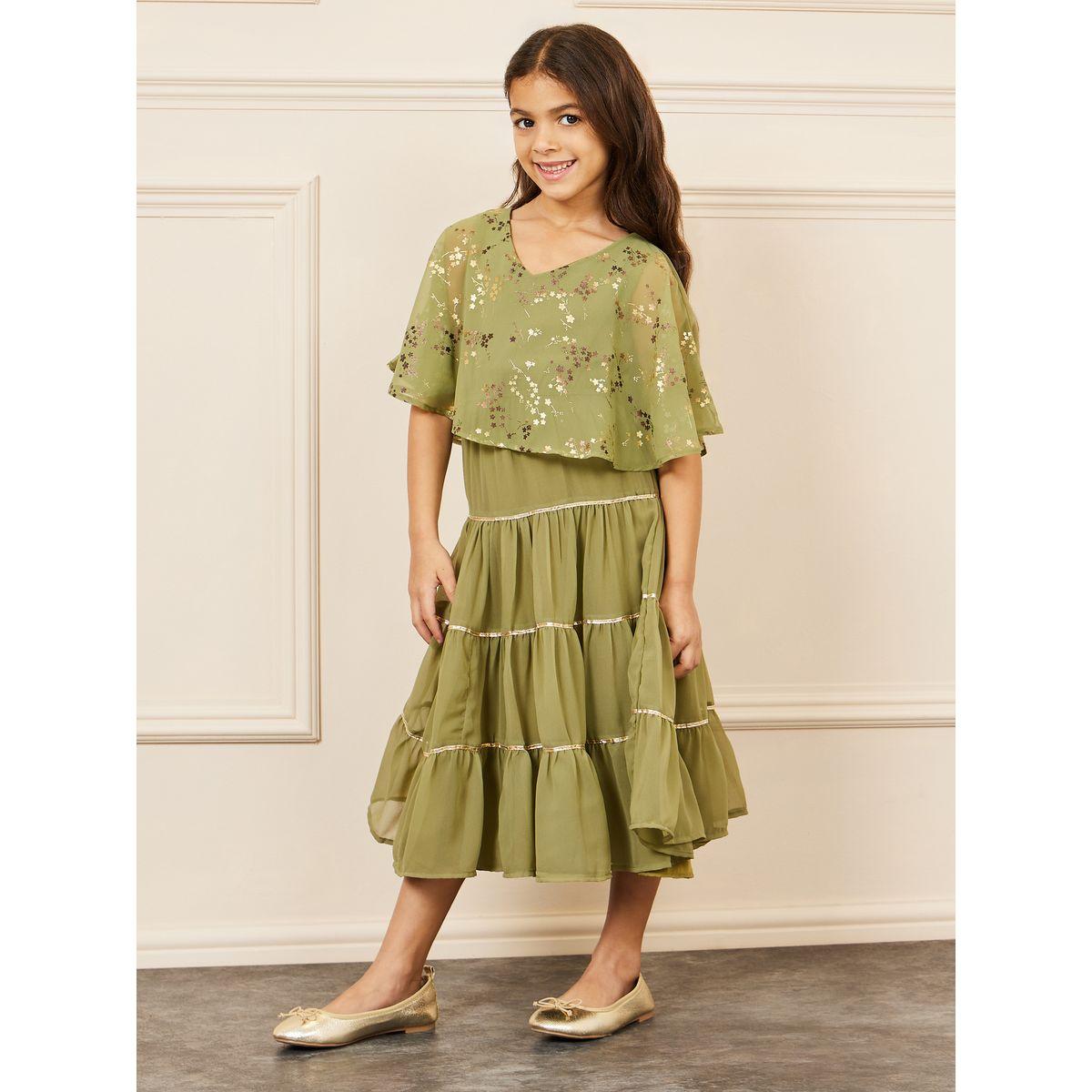 Styli Foil Print Cape Sleeves Tiered Midi Dress-girls-clothing-dressesandjumpsuits-image-1