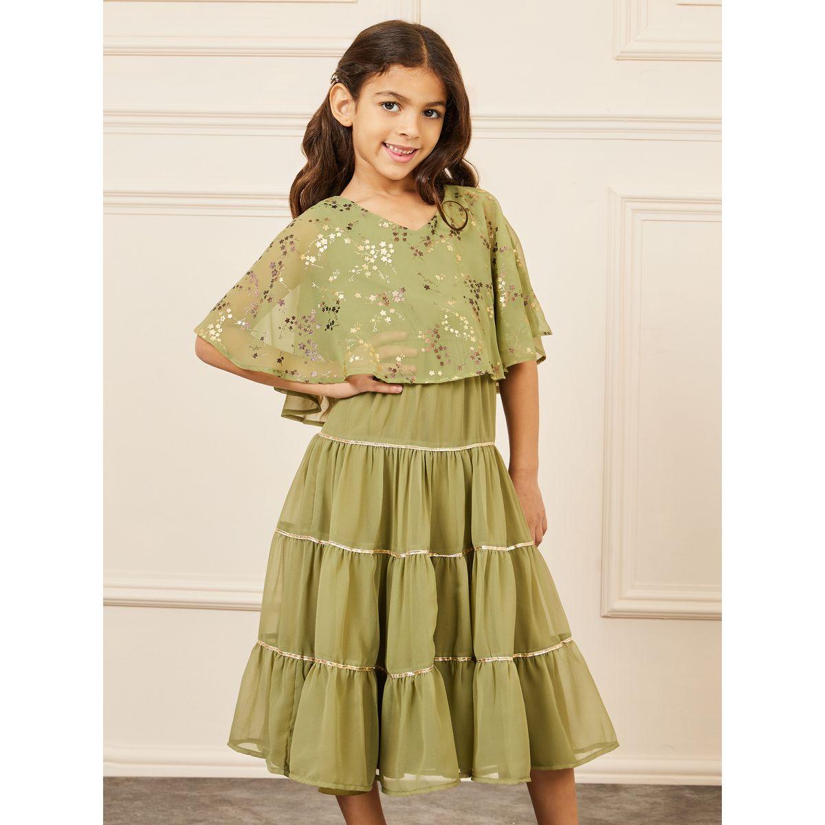 Styli Foil Print Cape Sleeves Tiered Midi Dress-girls-clothing-dressesandjumpsuits-image-2