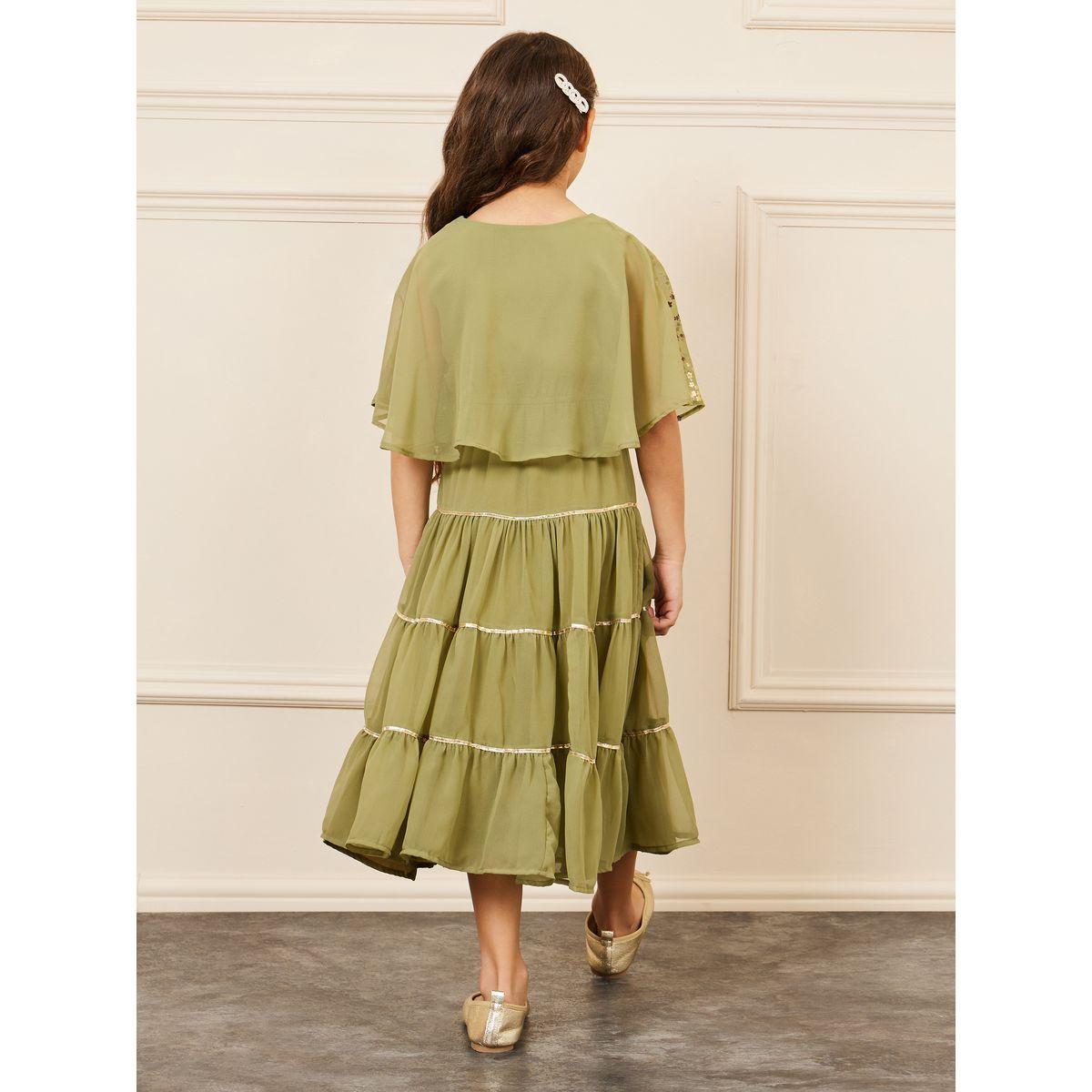 Styli Foil Print Cape Sleeves Tiered Midi Dress-girls-clothing-dressesandjumpsuits-image-4