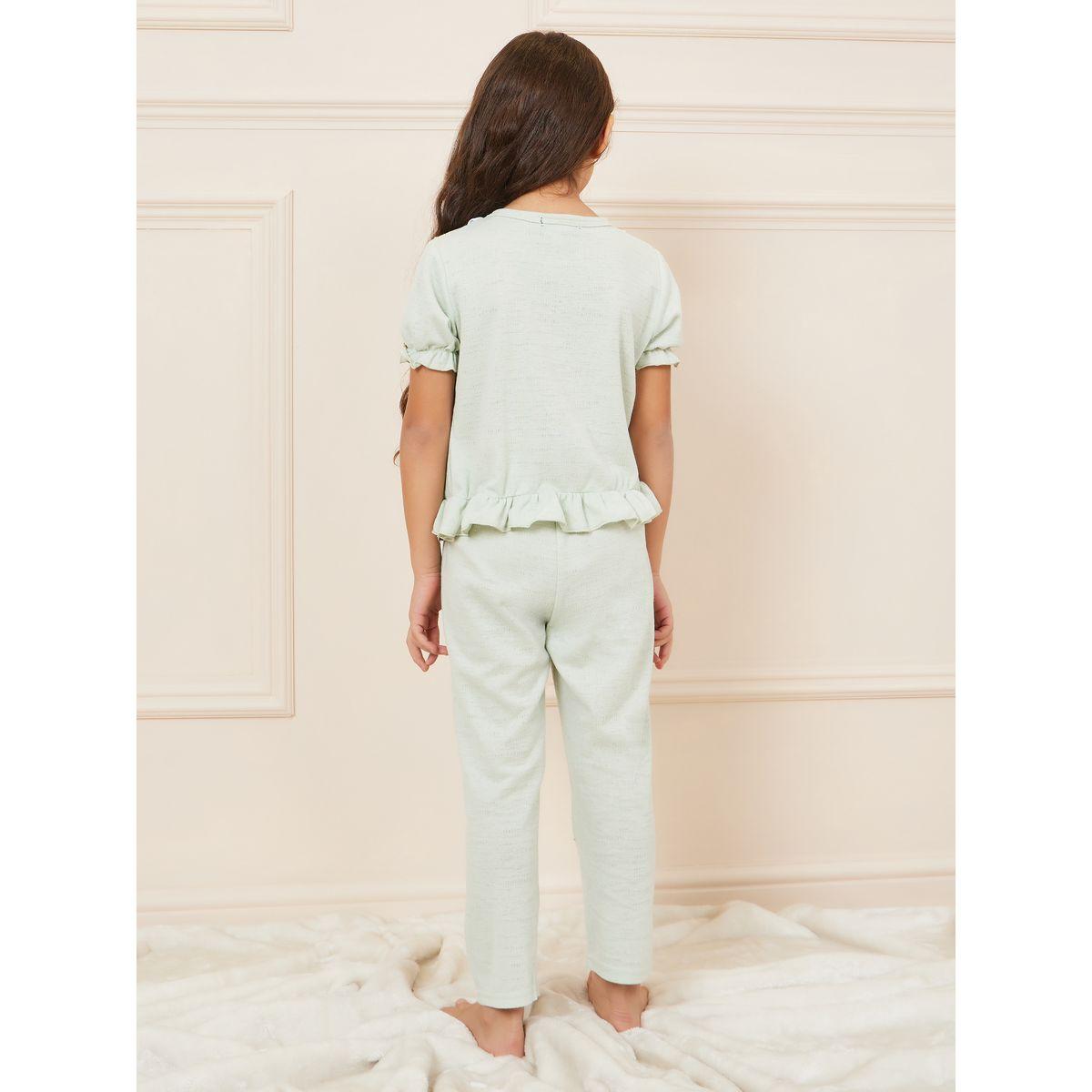 Styli Lace Detail Ruffle Hem Bow Detail T-Shirt & Pyjama Set-girls-clothing-nightwear-image-6