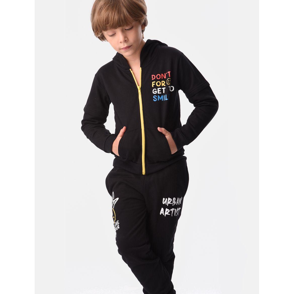 Slogan Print Hooded Sweatshirt with Zip Closure & Joggers Set-boys-clothing-setsandcoords-image-1