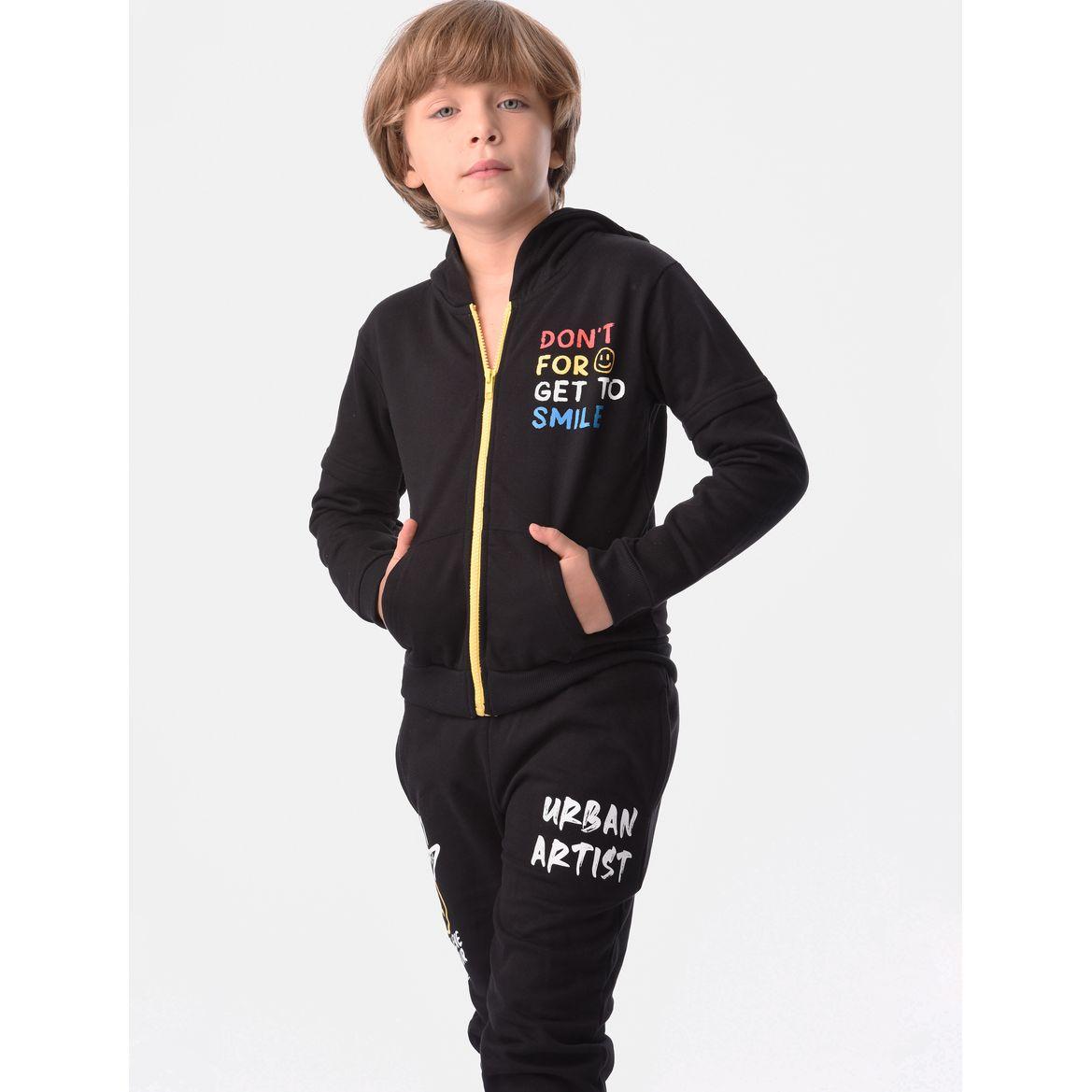Slogan Print Hooded Sweatshirt with Zip Closure & Joggers Set-boys-clothing-setsandcoords-image-3