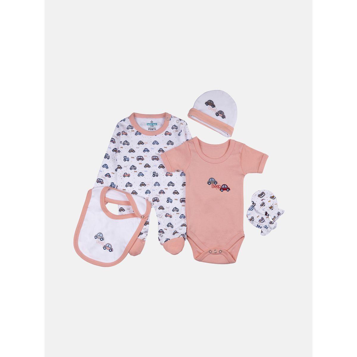 Pack of 5 - Printed Bib, Romper, Mittens, Cap & Sleepsuit Set-girls-clothing-setsandcoords-image-1