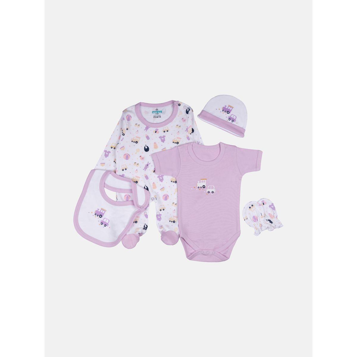 Pack of 5 - Printed Bib, Romper, Mittens, Cap & Sleepsuit Set-girls-clothing-setsandcoords-image-1