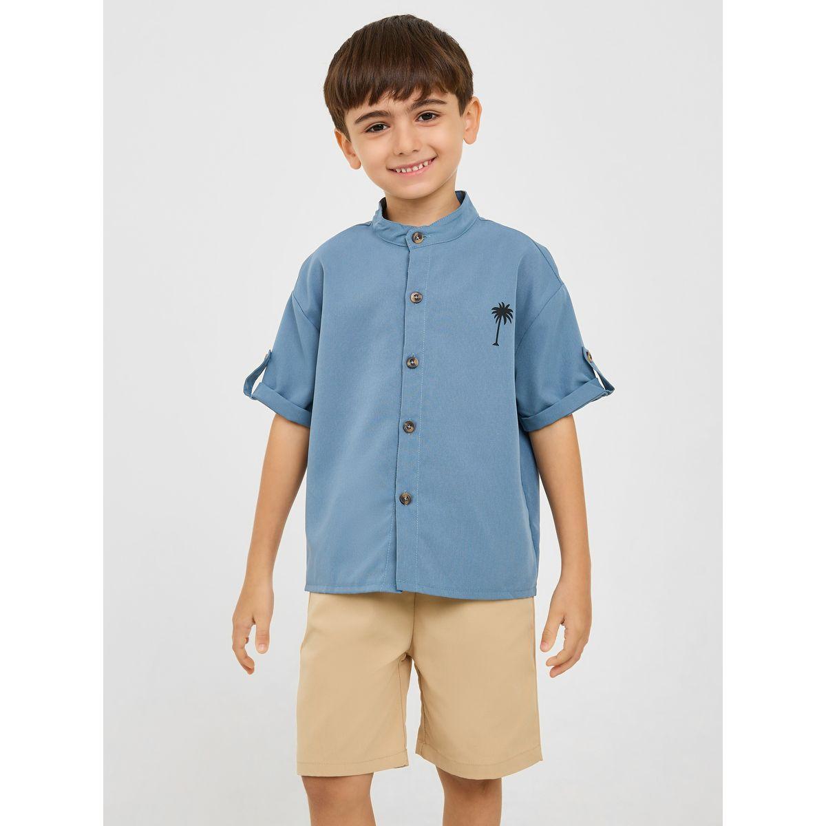 Styli Coconut Tree Print Roll Up Sleeve Shirt & Solid Short Set-boys-clothing-setsandcoords-image-1