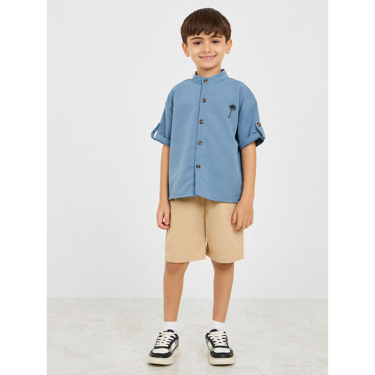 Styli Coconut Tree Print Roll Up Sleeve Shirt & Solid Short Set-boys-clothing-setsandcoords-image-2