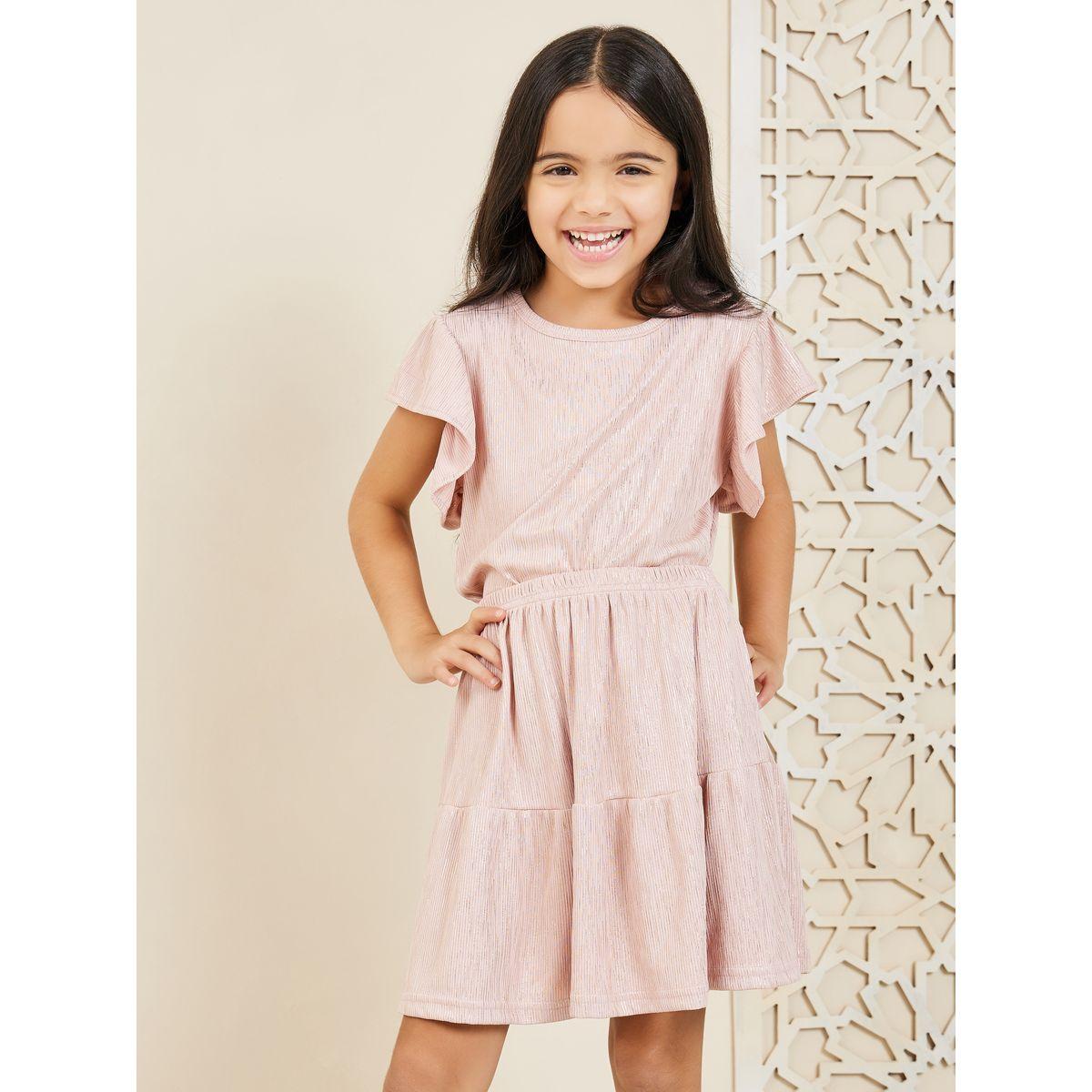 Styli Lurex Striped Ribbed Knit Ruffle Sleeves Top and Tiered Knee Length Skirt Set-girls-clothing-setsandcoords-image-1