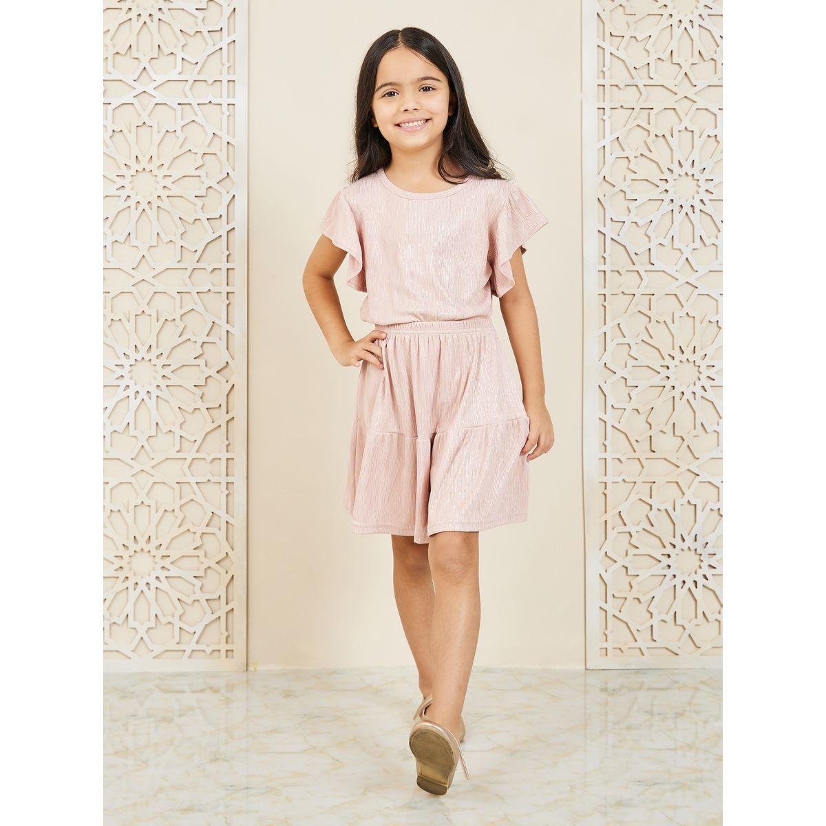 Styli Lurex Striped Ribbed Knit Ruffle Sleeves Top and Tiered Knee Length Skirt Set-girls-clothing-setsandcoords-image-2