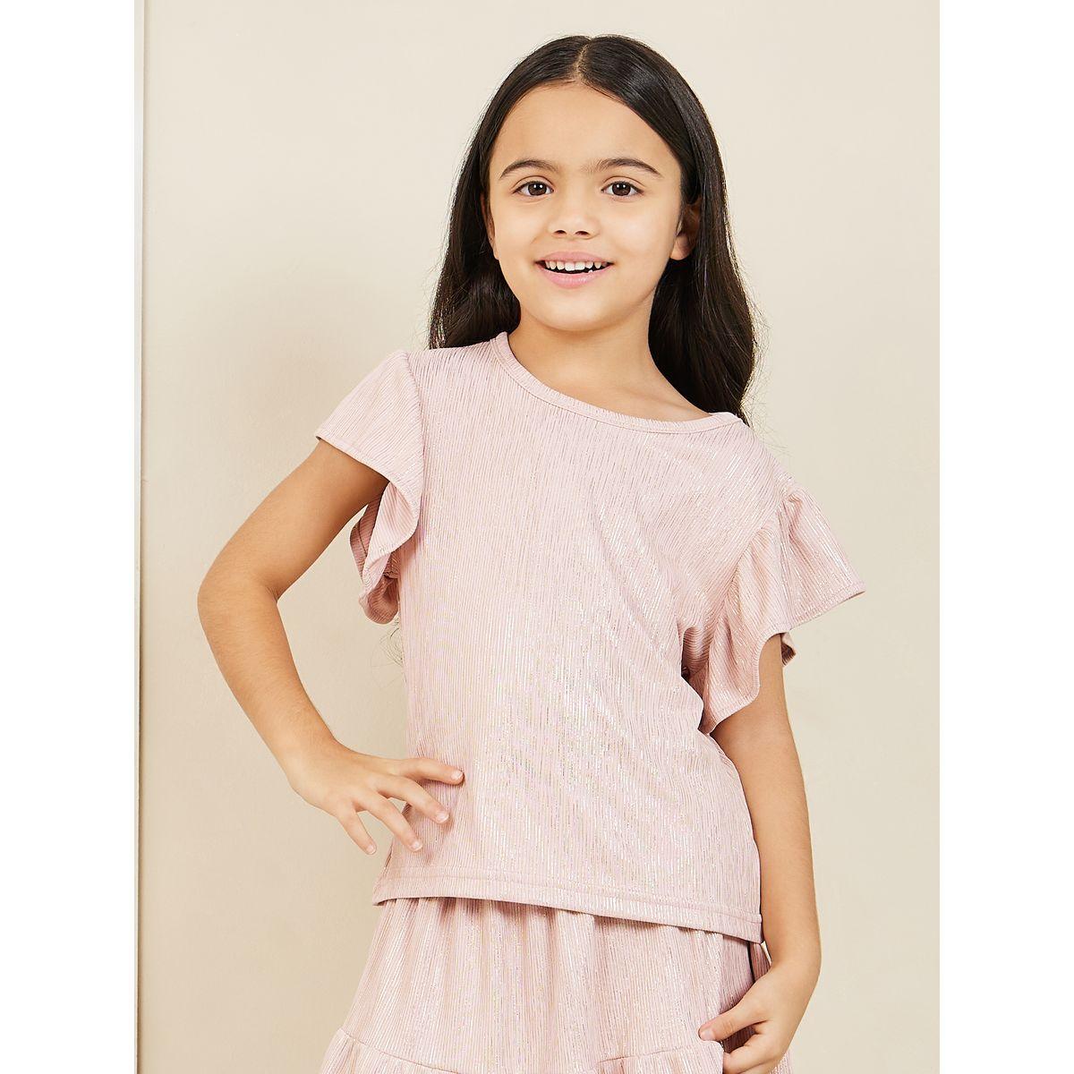 Styli Lurex Striped Ribbed Knit Ruffle Sleeves Top and Tiered Knee Length Skirt Set-girls-clothing-setsandcoords-image-3