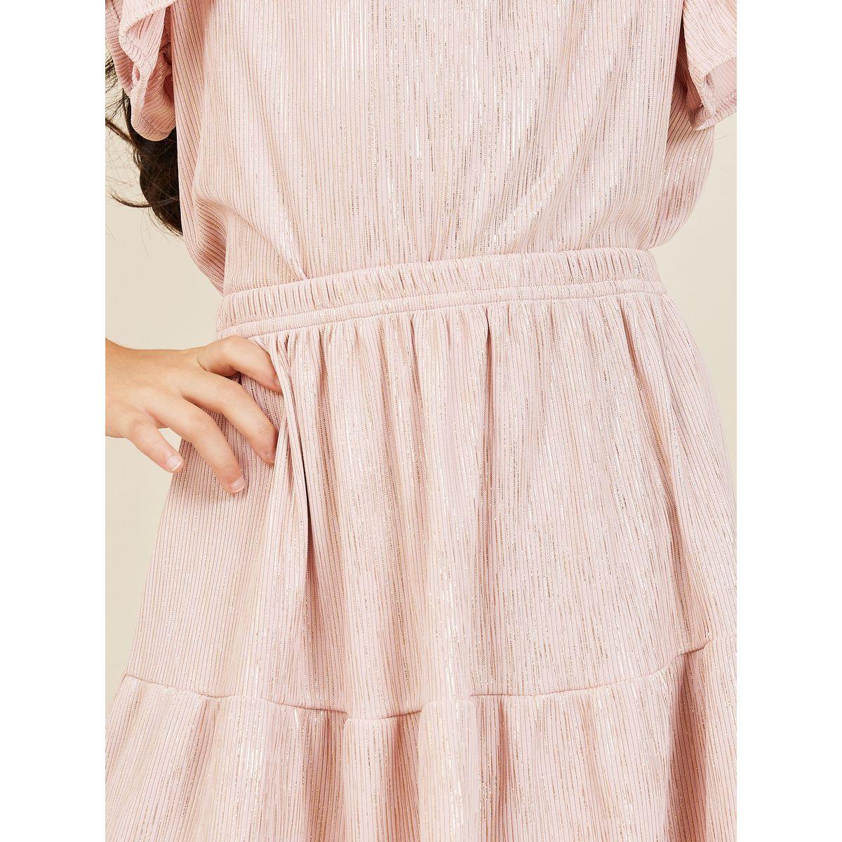Styli Lurex Striped Ribbed Knit Ruffle Sleeves Top and Tiered Knee Length Skirt Set-girls-clothing-setsandcoords-image-5