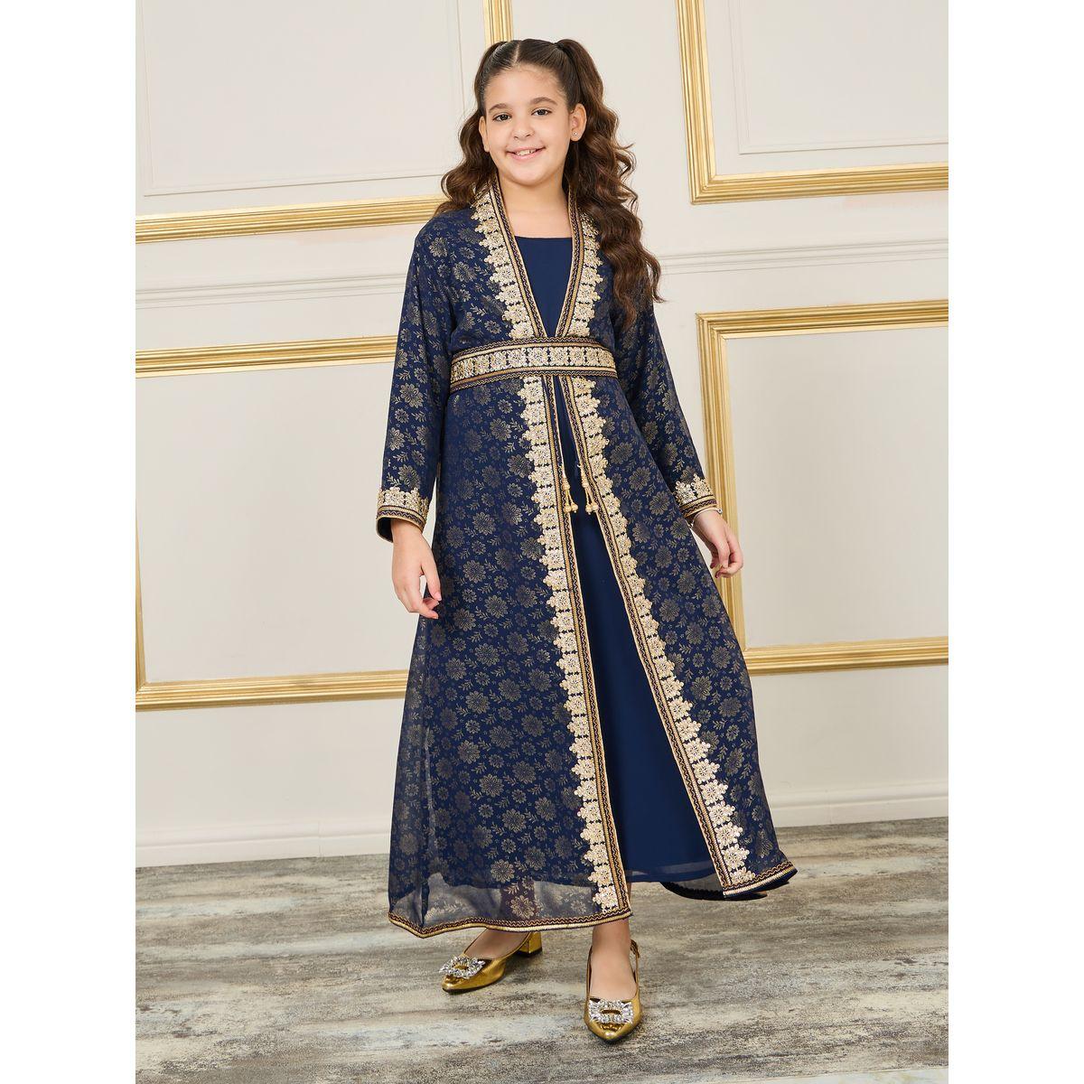 قفطان بتفاصيل مُطرّزة بخيوط مع حزام خصر-girls-clothing-dressesandjumpsuits-image-5