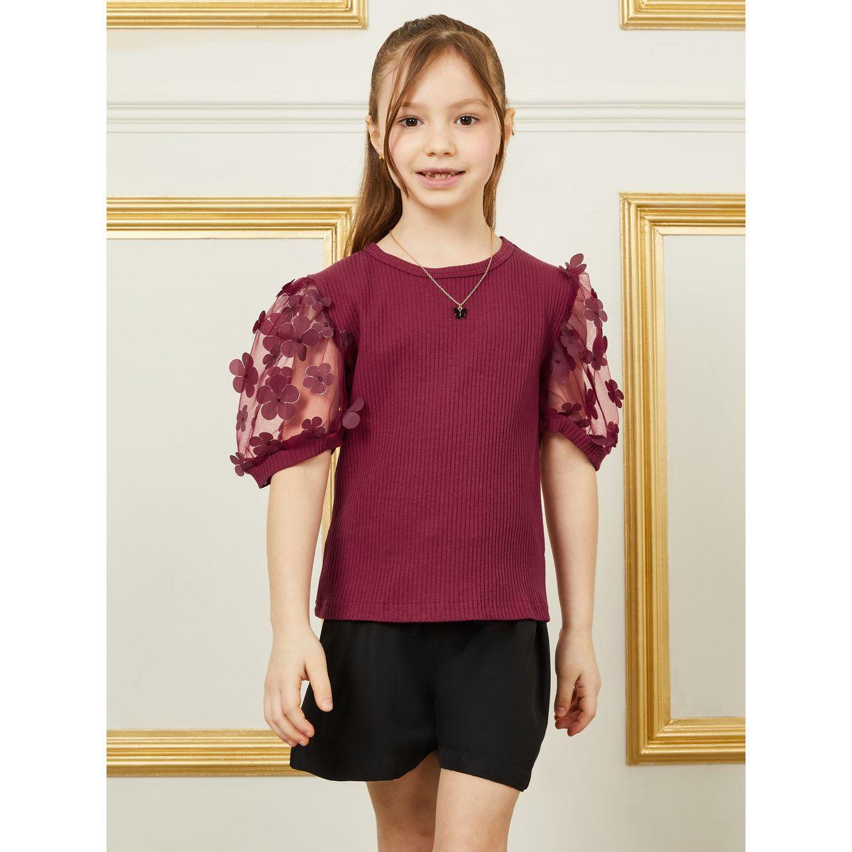 مجموعة من شورت وبلوزة محبوكة باكمام منفوخة-girls-clothing-setsandcoords-image-3