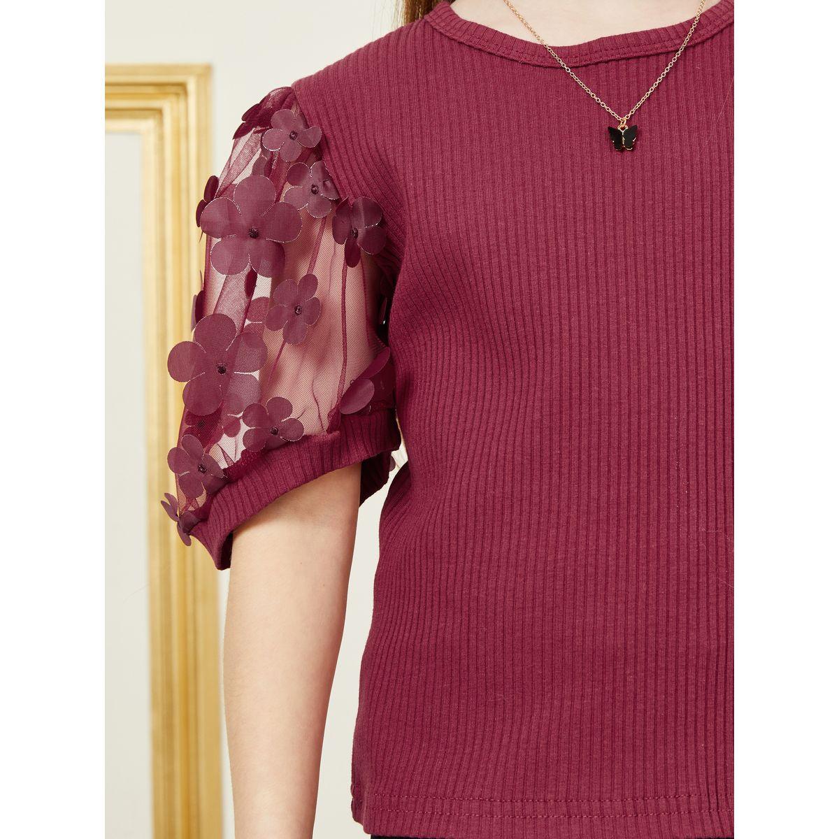 Styli Floral Applique Mesh Puff Sleeve Rib Knit Top & Short Set-girls-clothing-setsandcoords-image-4