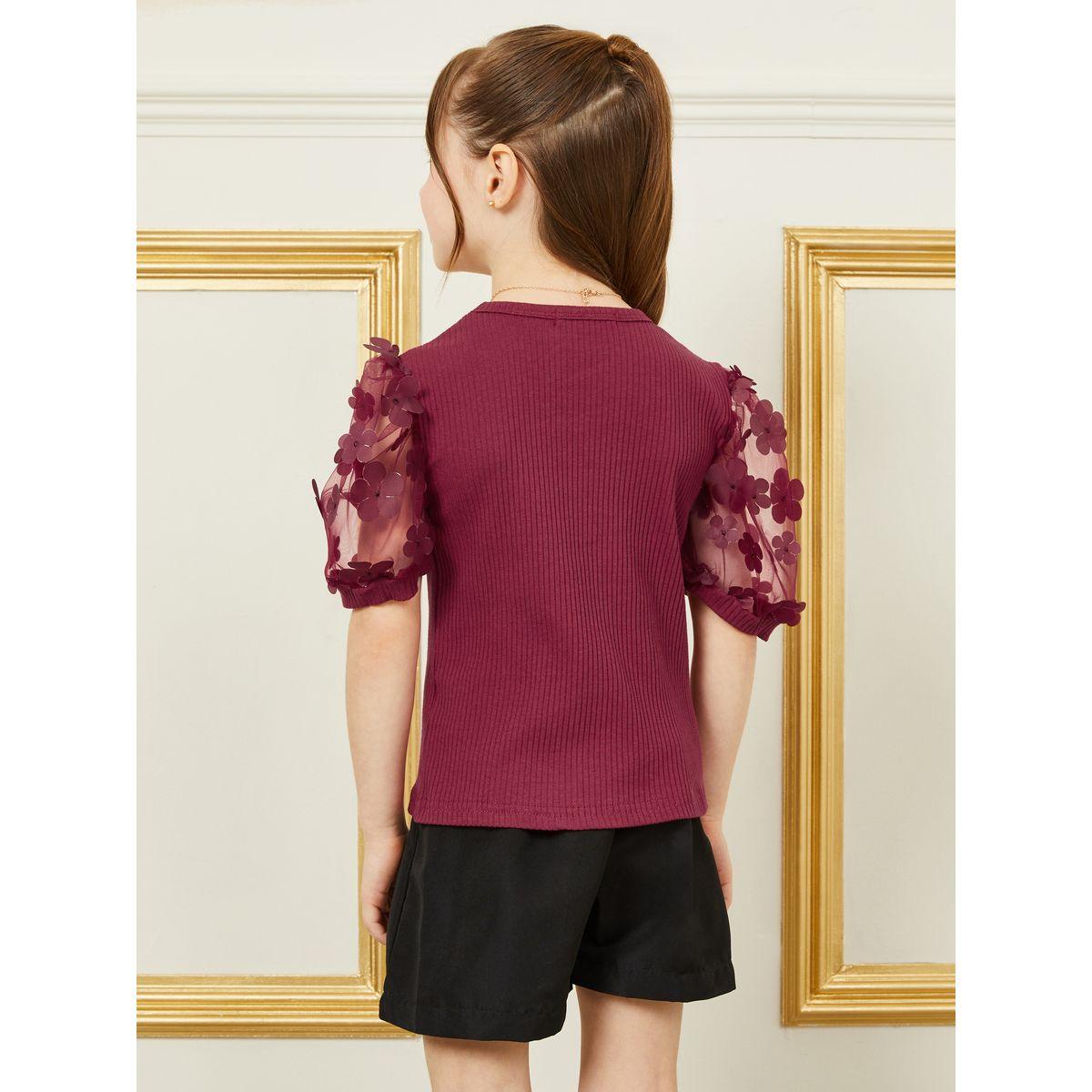 Styli Floral Applique Mesh Puff Sleeve Rib Knit Top & Short Set-girls-clothing-setsandcoords-image-5