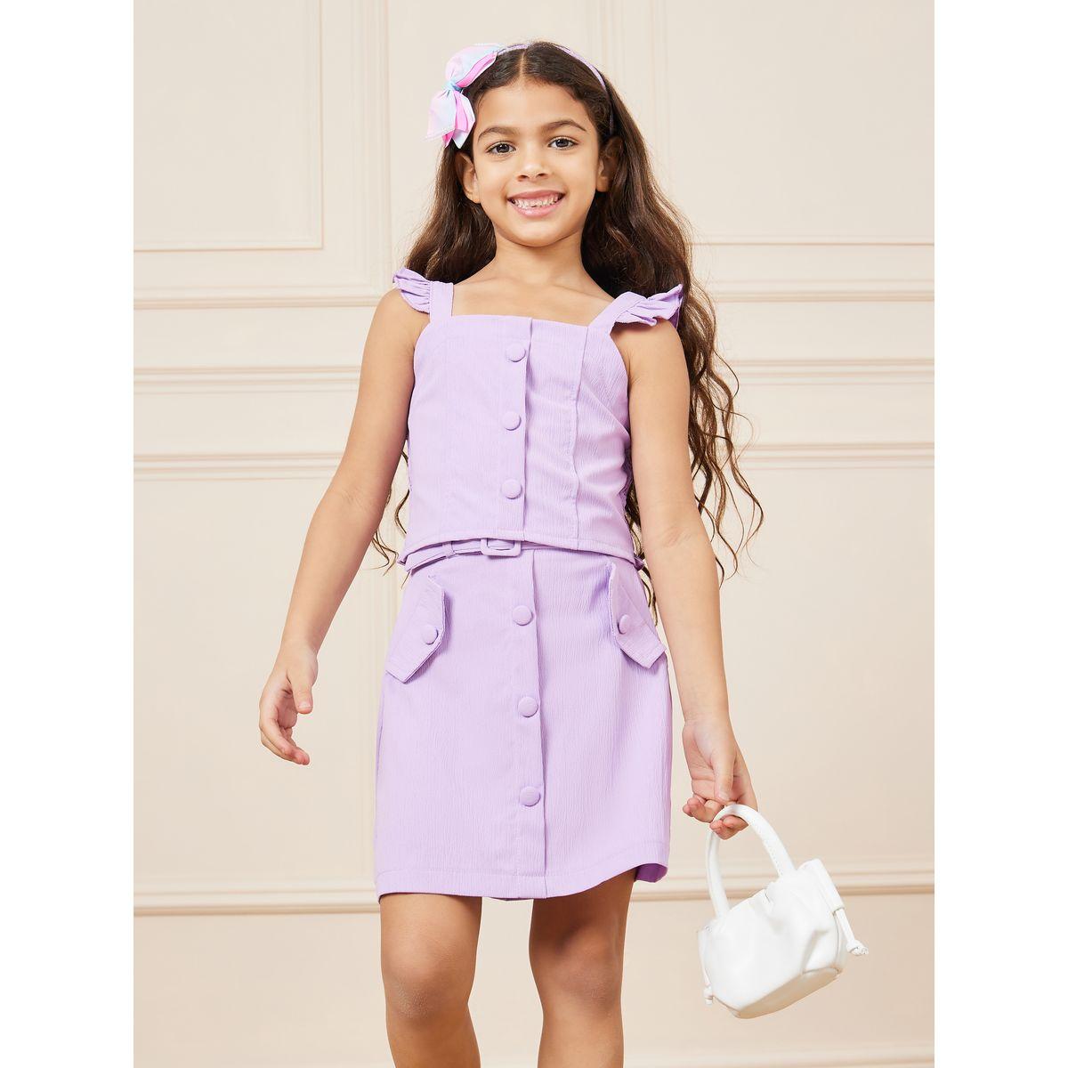 Styli Textured Button Detail Ruffle Strap Top & Belted Skirt Set-girls-clothing-setsandcoords-image-2