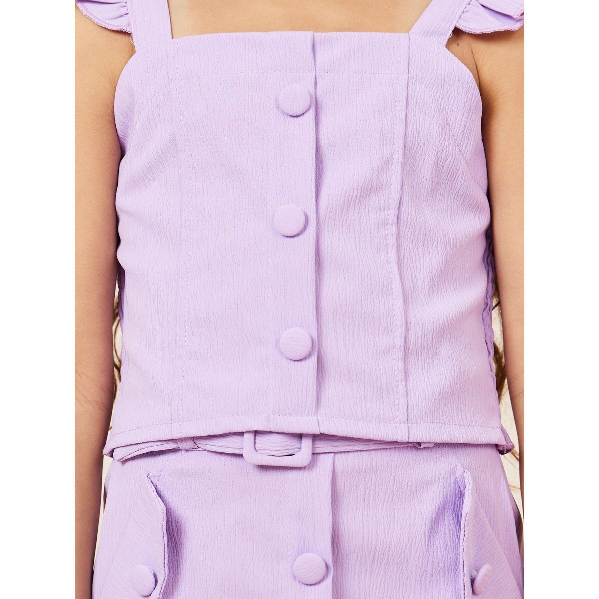 Styli Textured Button Detail Ruffle Strap Top & Belted Skirt Set-girls-clothing-setsandcoords-image-3