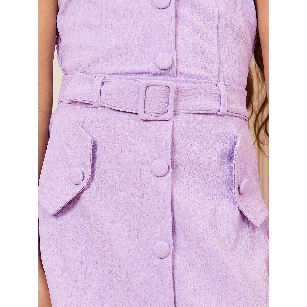 Styli Textured Button Detail Ruffle Strap Top & Belted Skirt Set-girls-clothing-setsandcoords-image-5