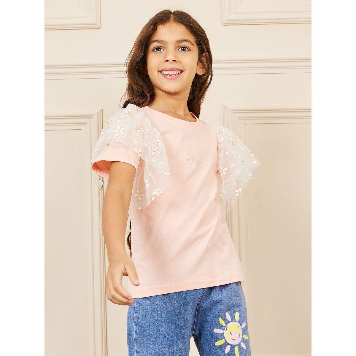 Styli Floral Puff Mesh Insert Short Sleeve Embroidery Top-girls-clothing-tshirts-image-1