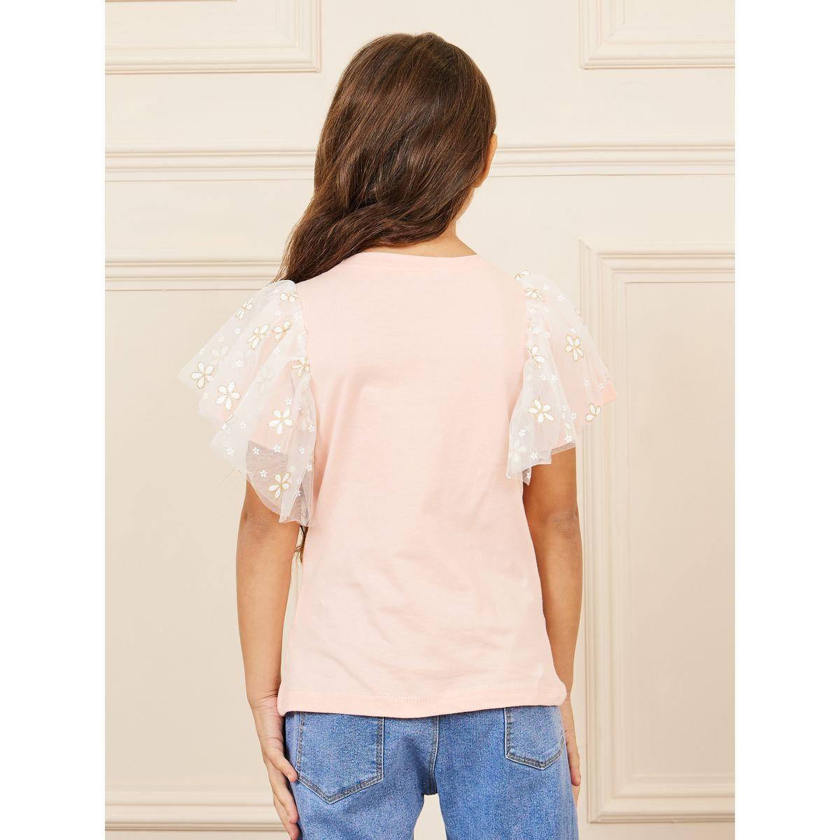 Styli Floral Puff Mesh Insert Short Sleeve Embroidery Top-girls-clothing-tshirts-image-4