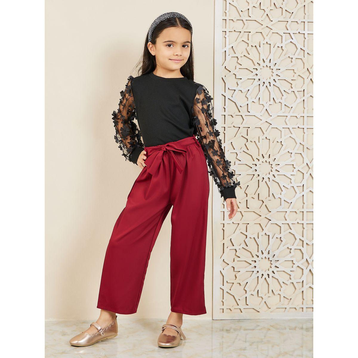 Styli Floral Applique Mesh Sleeves Top and Self Tie Waist Pant Set-girls-clothing-setsandcoords-image-1