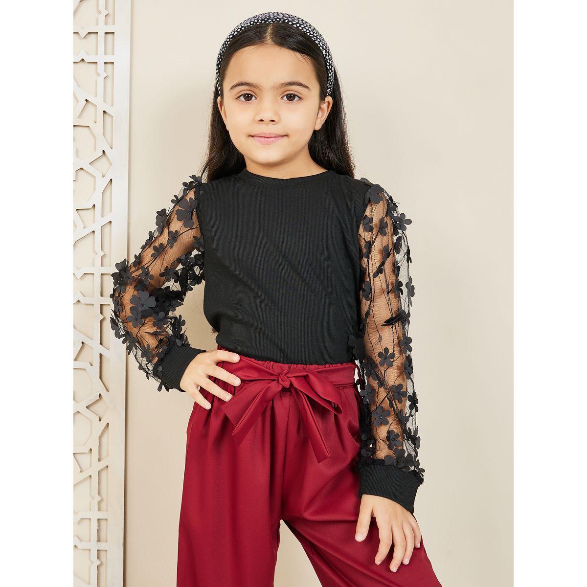 Styli Floral Applique Mesh Sleeves Top and Self Tie Waist Pant Set-girls-clothing-setsandcoords-image-2