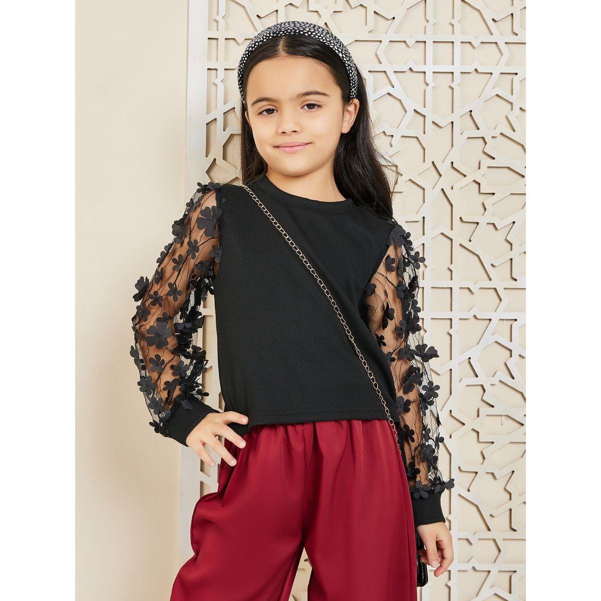 Styli Floral Applique Mesh Sleeves Top and Self Tie Waist Pant Set-girls-clothing-setsandcoords-image-3