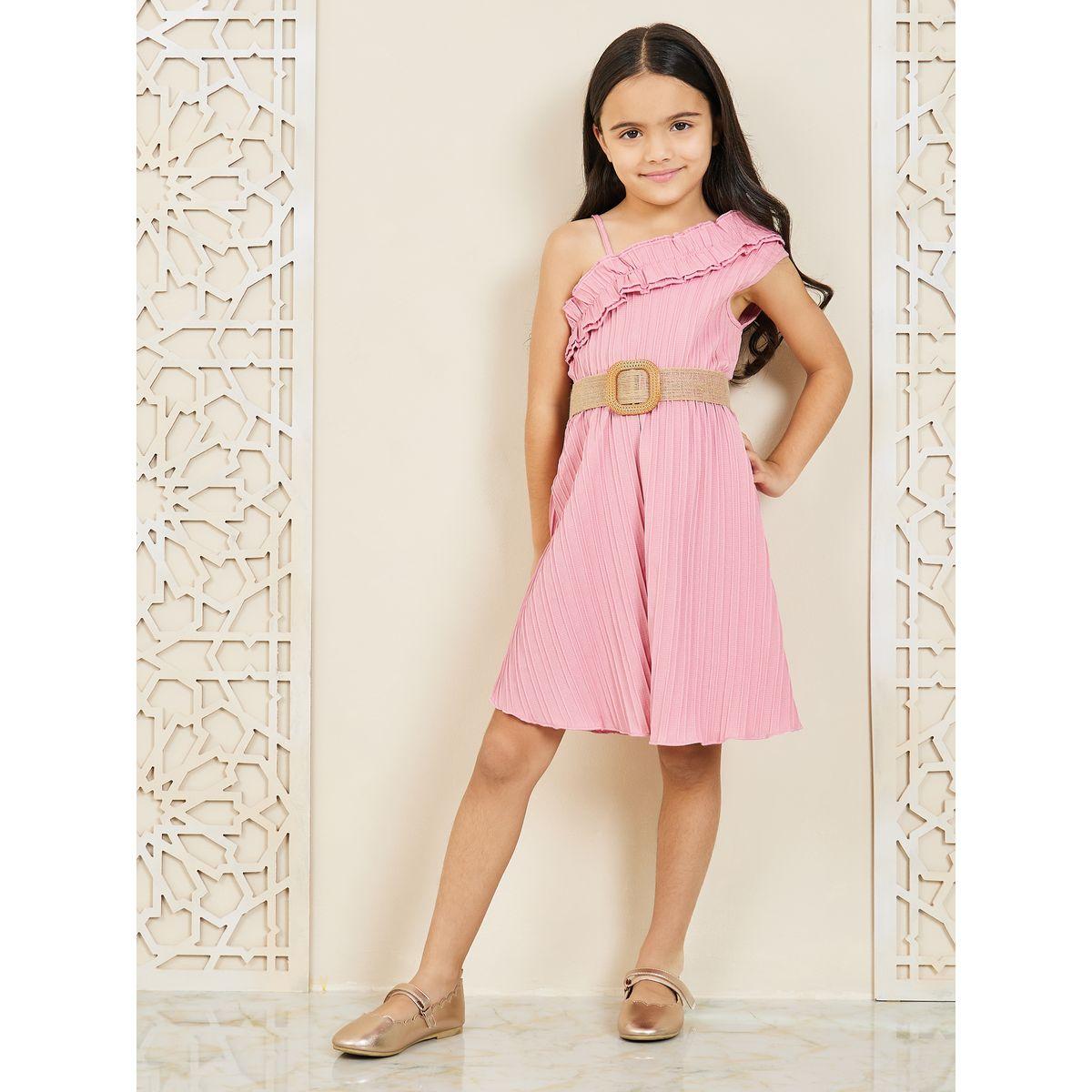 Styli One Shoulder Ruffle Trim A-Line Knee Length Dress-girls-clothing-dressesandjumpsuits-image-1