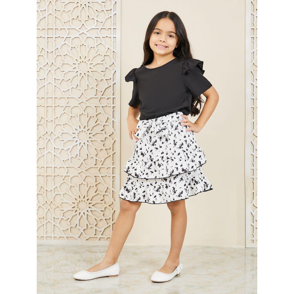 Styli Ruffle Detail Sleeve Top & Printed Layered Skirt Set-girls-clothing-setsandcoords-image-1