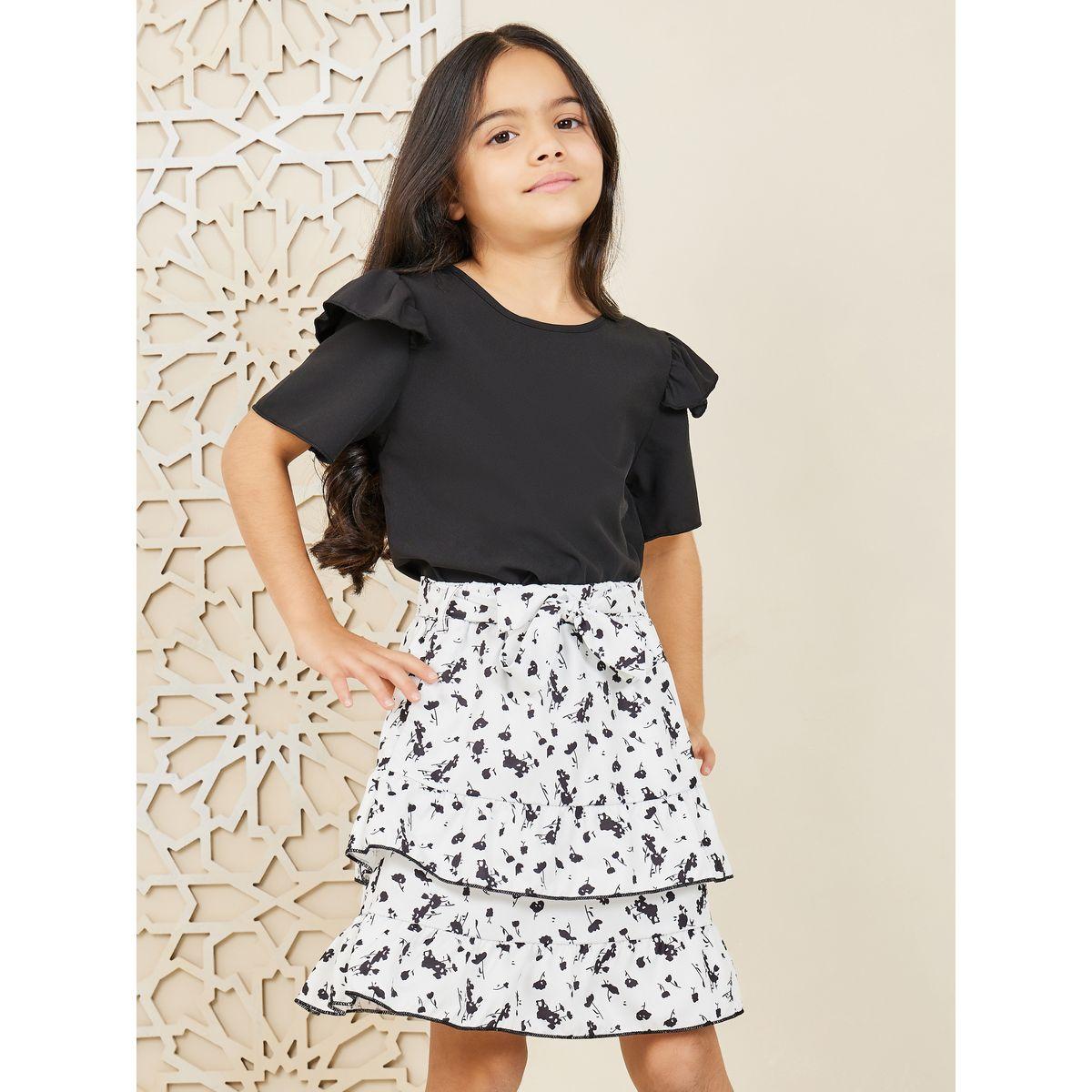 Styli Ruffle Detail Sleeve Top & Printed Layered Skirt Set-girls-clothing-setsandcoords-image-3