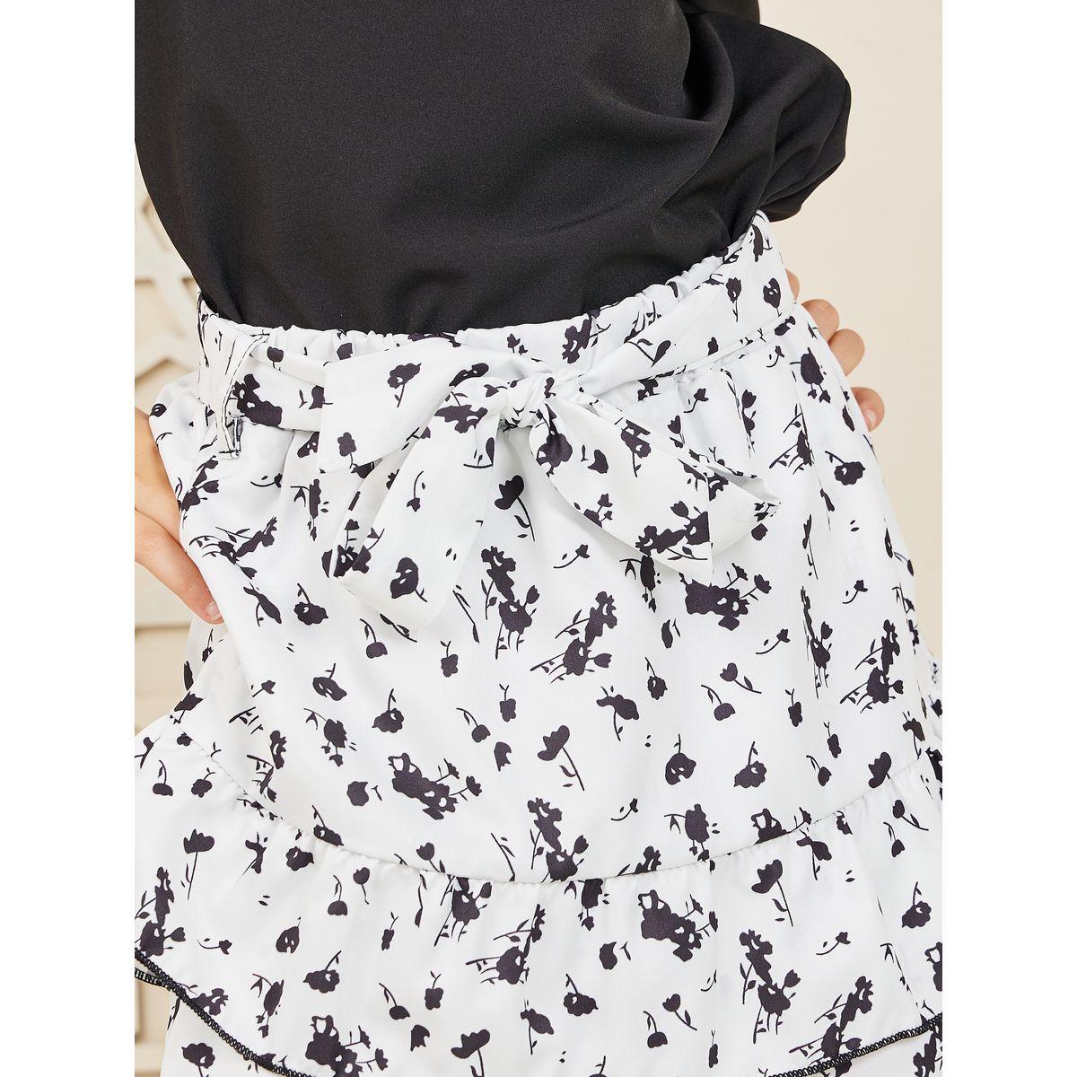 Styli Ruffle Detail Sleeve Top & Printed Layered Skirt Set-girls-clothing-setsandcoords-image-4