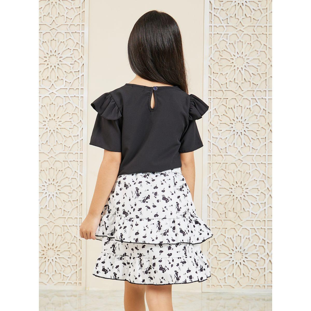 Styli Ruffle Detail Sleeve Top & Printed Layered Skirt Set-girls-clothing-setsandcoords-image-6