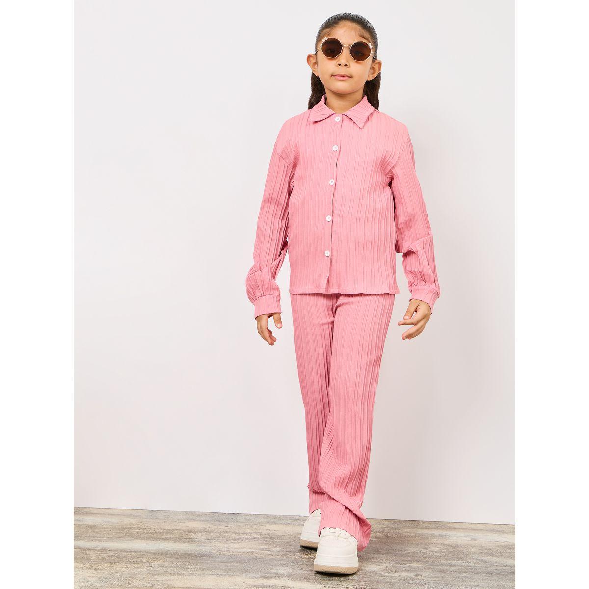 Styli Stripe Textured Shirt & Straight Leg Pants Set-girls-clothing-setsandcoords-image-1