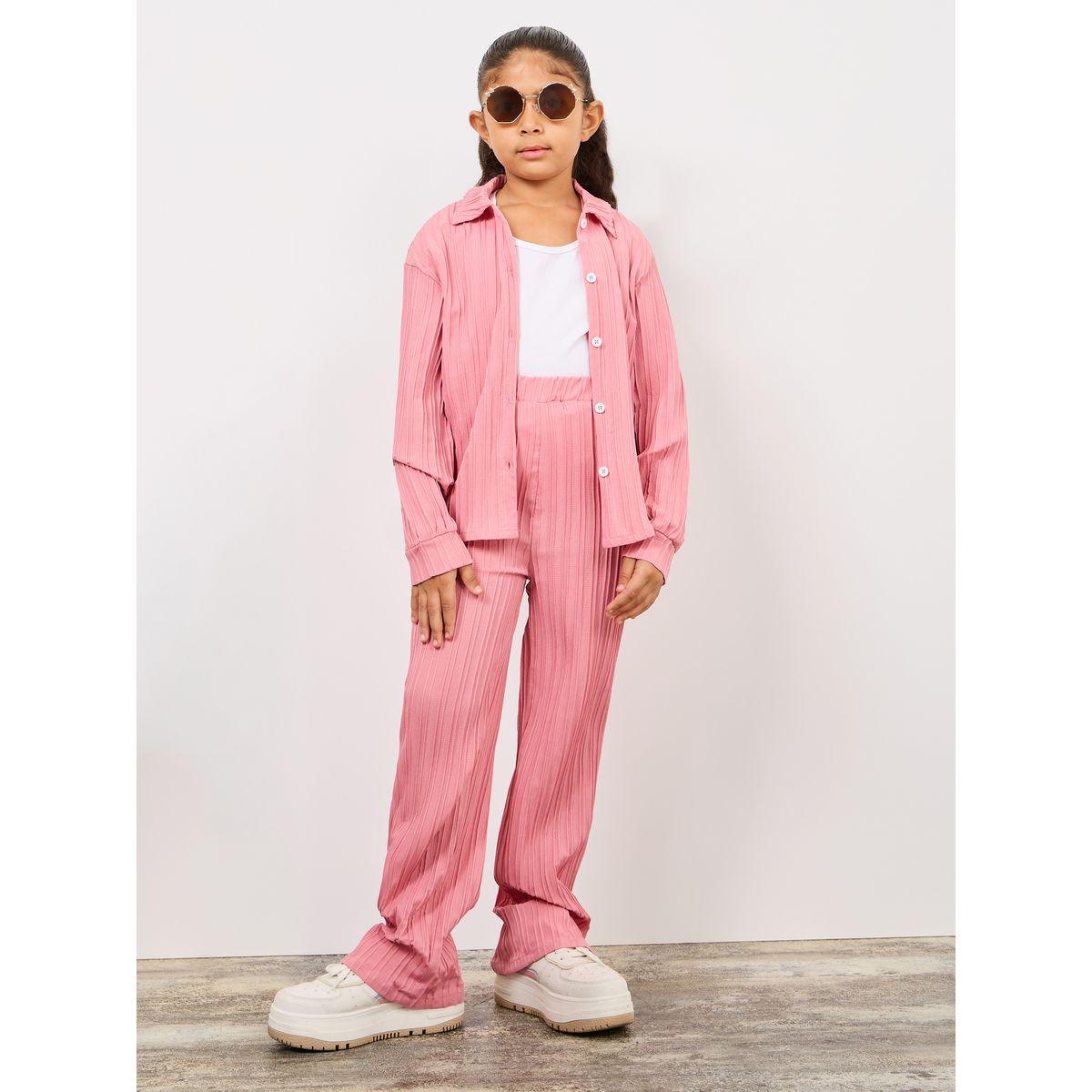 Styli Stripe Textured Shirt & Straight Leg Pants Set-girls-clothing-setsandcoords-image-2