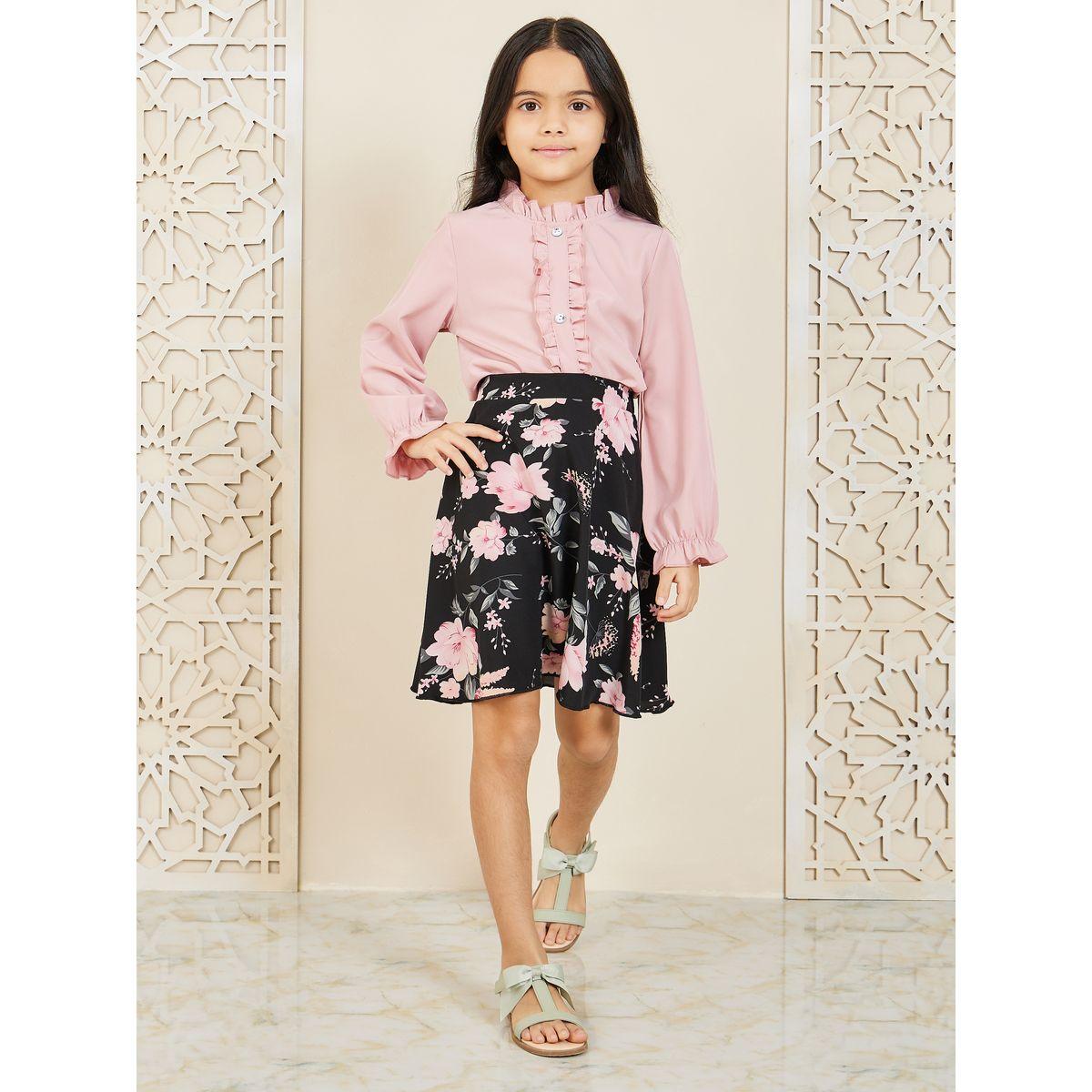 Styli Ruffle Trim Long Sleeves Top & Floral Print Skirt Set-girls-clothing-setsandcoords-image-2