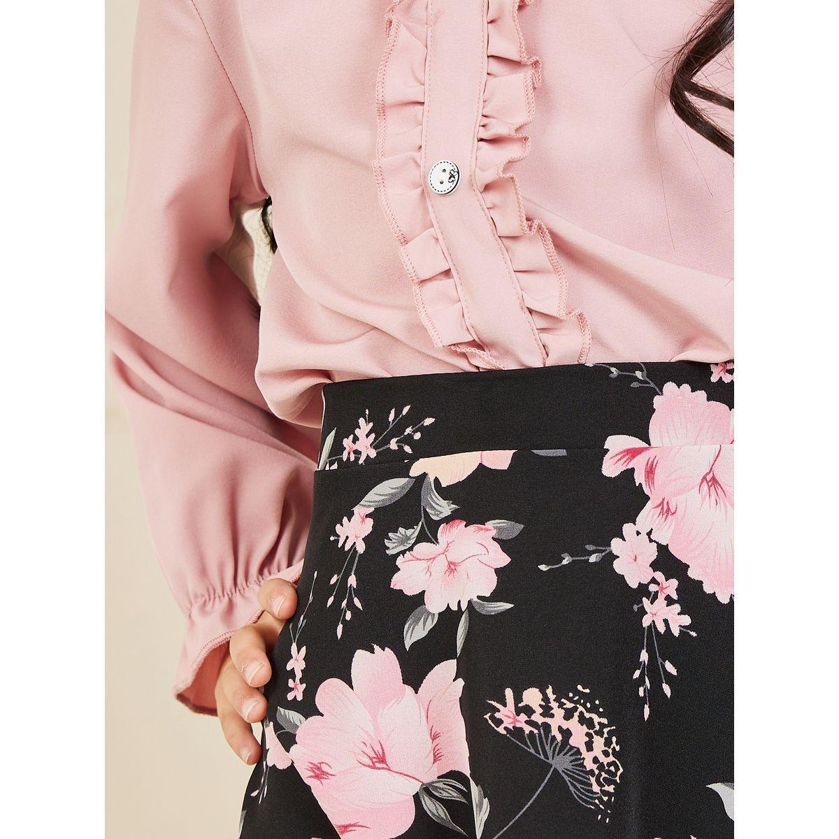 Styli Ruffle Trim Long Sleeves Top & Floral Print Skirt Set-girls-clothing-setsandcoords-image-5