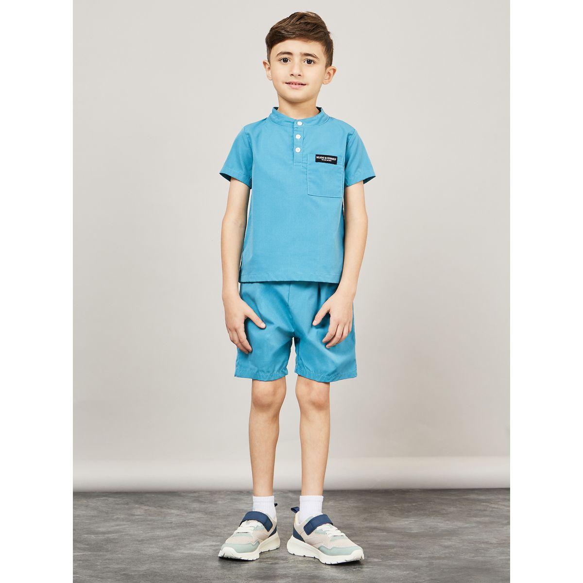 Styli Solid Mandarin Collar T-Shirt & Shorts Set-boys-clothing-setsandcoords-image-1