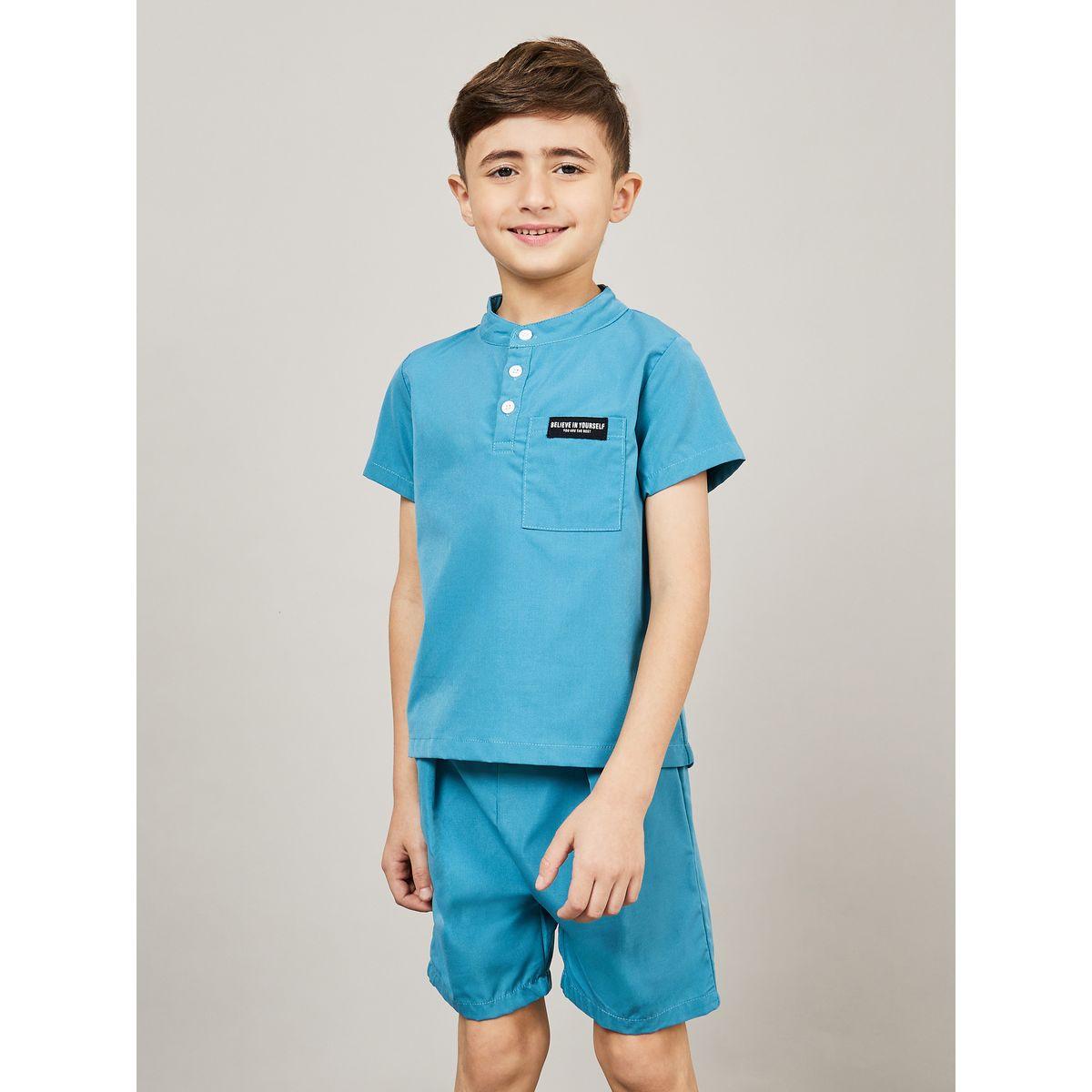 Styli Solid Mandarin Collar T-Shirt & Shorts Set-boys-clothing-setsandcoords-image-2