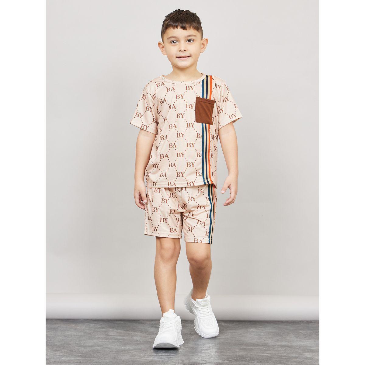 Styli All Over Text Print Pocket Detail T-Shirt & Shorts Set-boys-clothing-setsandcoords-image-1