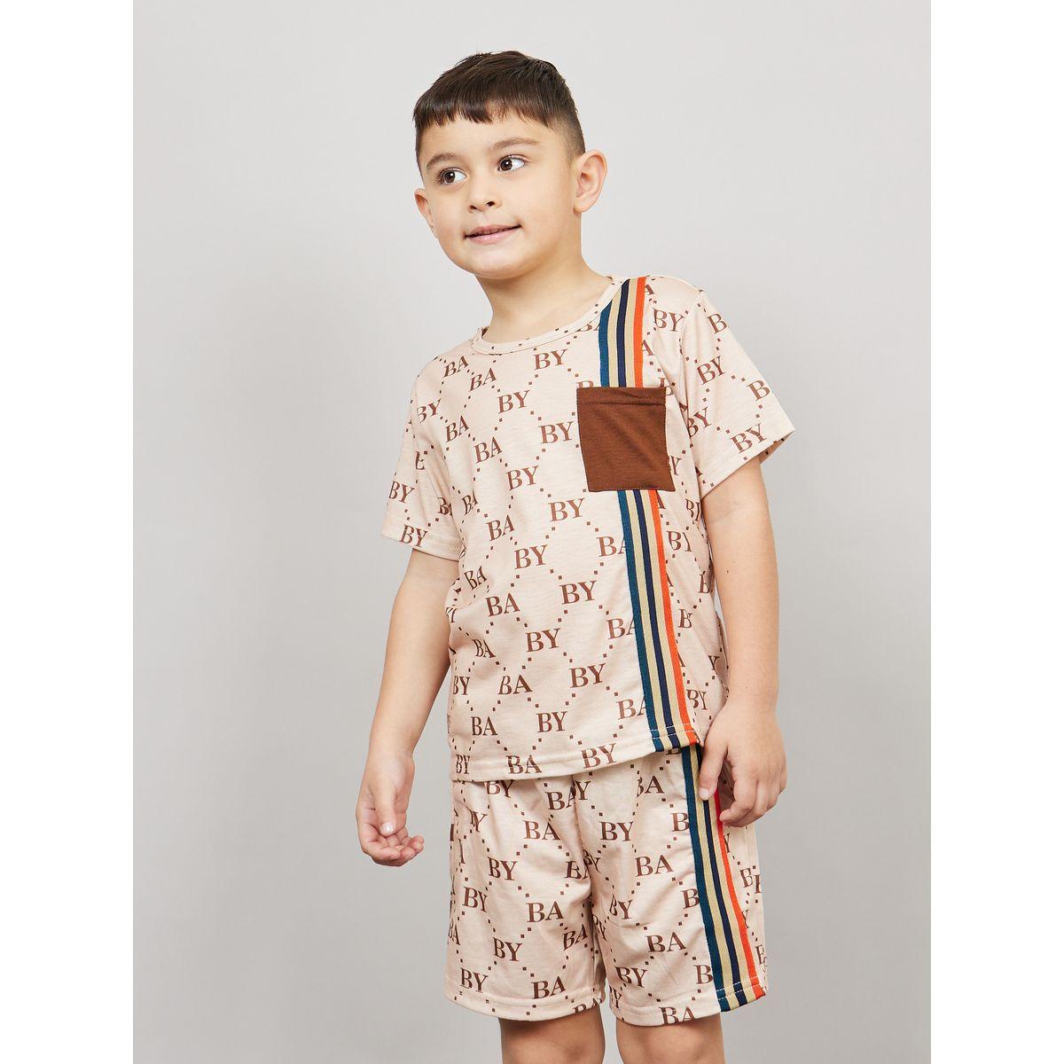 Styli All Over Text Print Pocket Detail T-Shirt & Shorts Set-boys-clothing-setsandcoords-image-2