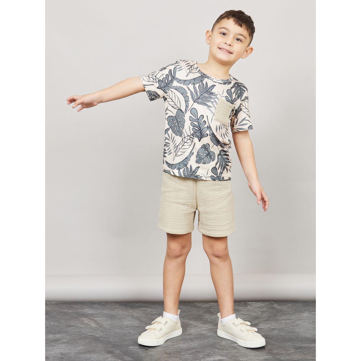 Styli Tropical Print T-Shirt with Short Sleeves & Textured Shorts Set-boys-clothing-setsandcoords-image-1