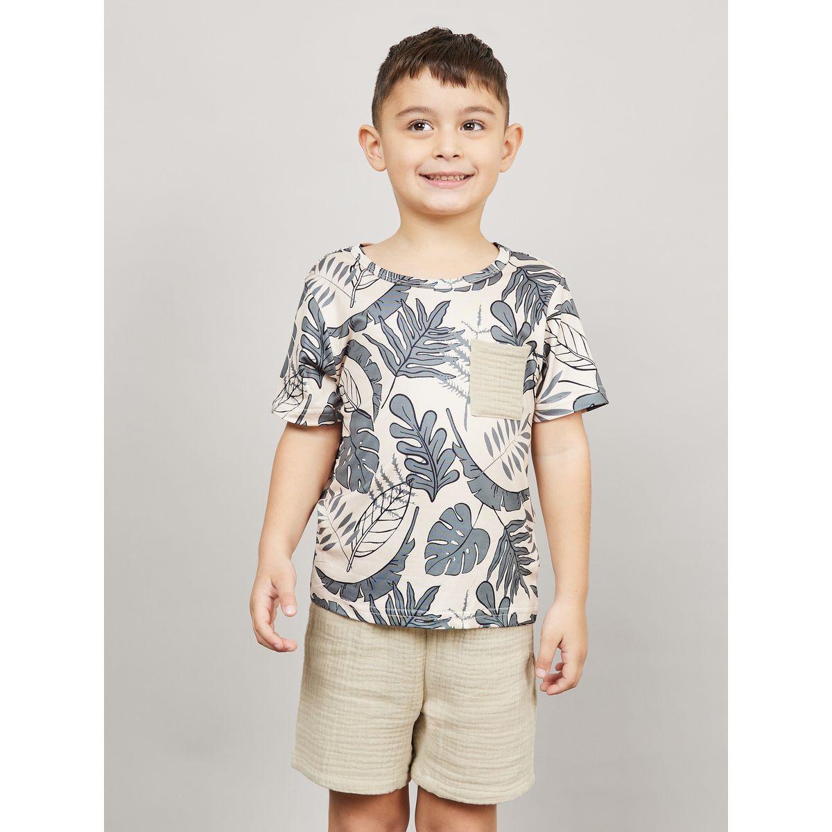 Styli Tropical Print T-Shirt with Short Sleeves & Textured Shorts Set-boys-clothing-setsandcoords-image-2