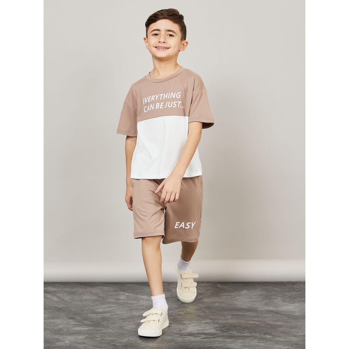 Styli Colorblock Slogan Print T-Shirt & Shorts Set-boys-clothing-setsandcoords-image-1