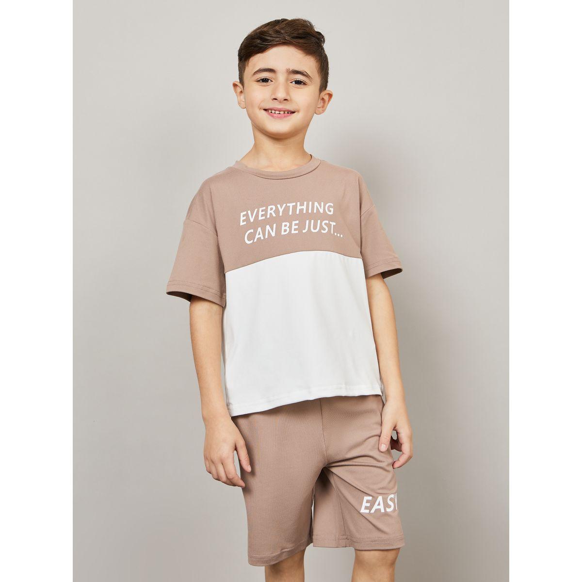 Styli Colorblock Slogan Print T-Shirt & Shorts Set-boys-clothing-setsandcoords-image-2