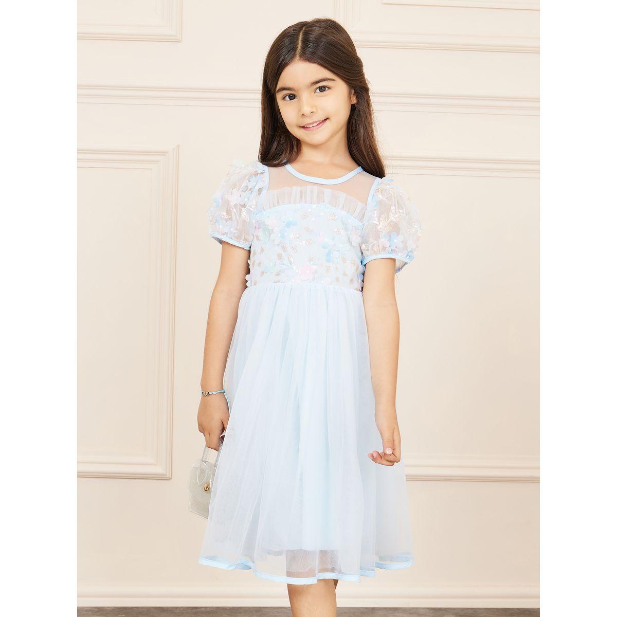 Styli Limited Floral Applique Sequin Detail Mesh Layer Puff Sleeves Dress-girls-clothing-dressesandjumpsuits-image-2