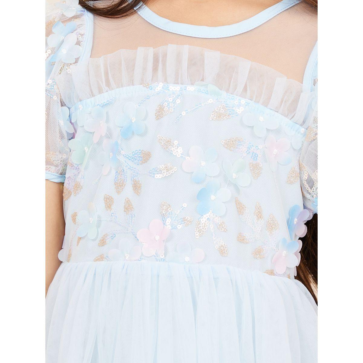 Styli Limited Floral Applique Sequin Detail Mesh Layer Puff Sleeves Dress-girls-clothing-dressesandjumpsuits-image-3