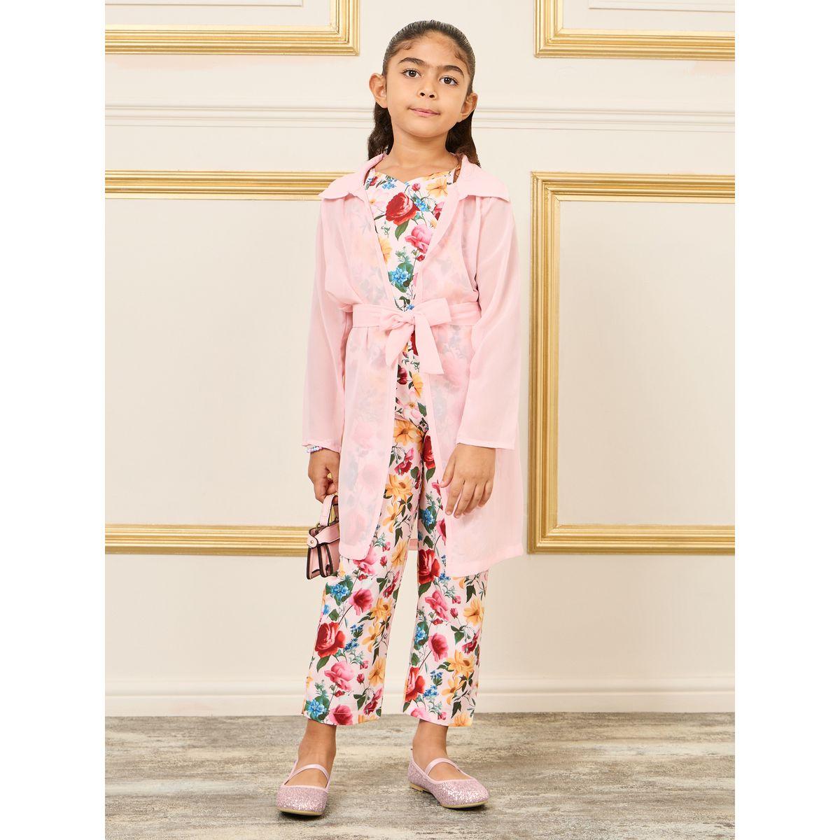 Styli Floral Print Strappy Jumpsuit & Chiffon Longline Shirt with Tie Up Set-girls-clothing-setsandcoords-image-1
