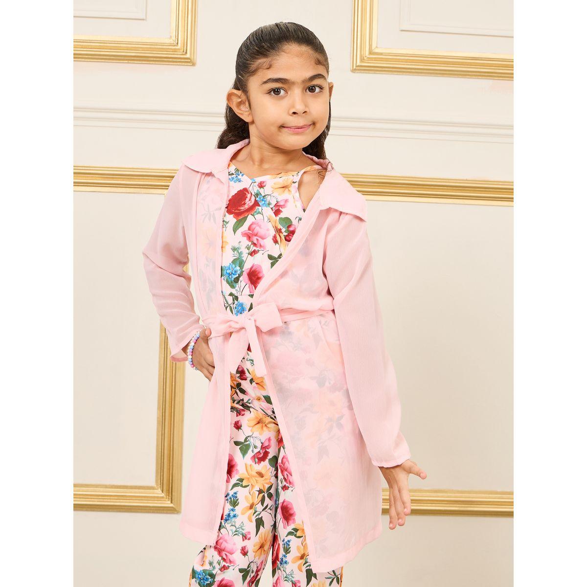 Styli Floral Print Strappy Jumpsuit & Chiffon Longline Shirt with Tie Up Set-girls-clothing-setsandcoords-image-3